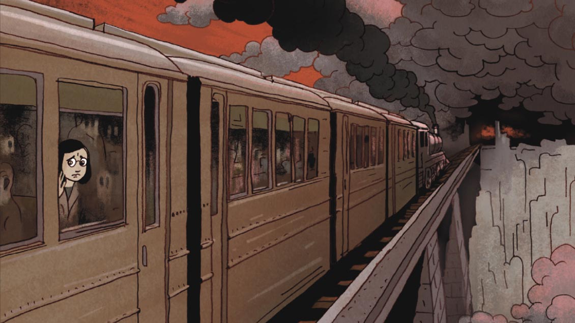 Anne Frank fährt in einem Zug einem düsteren Schicksal entgegen. Ausschnitt aus dem besprochenen Comic.