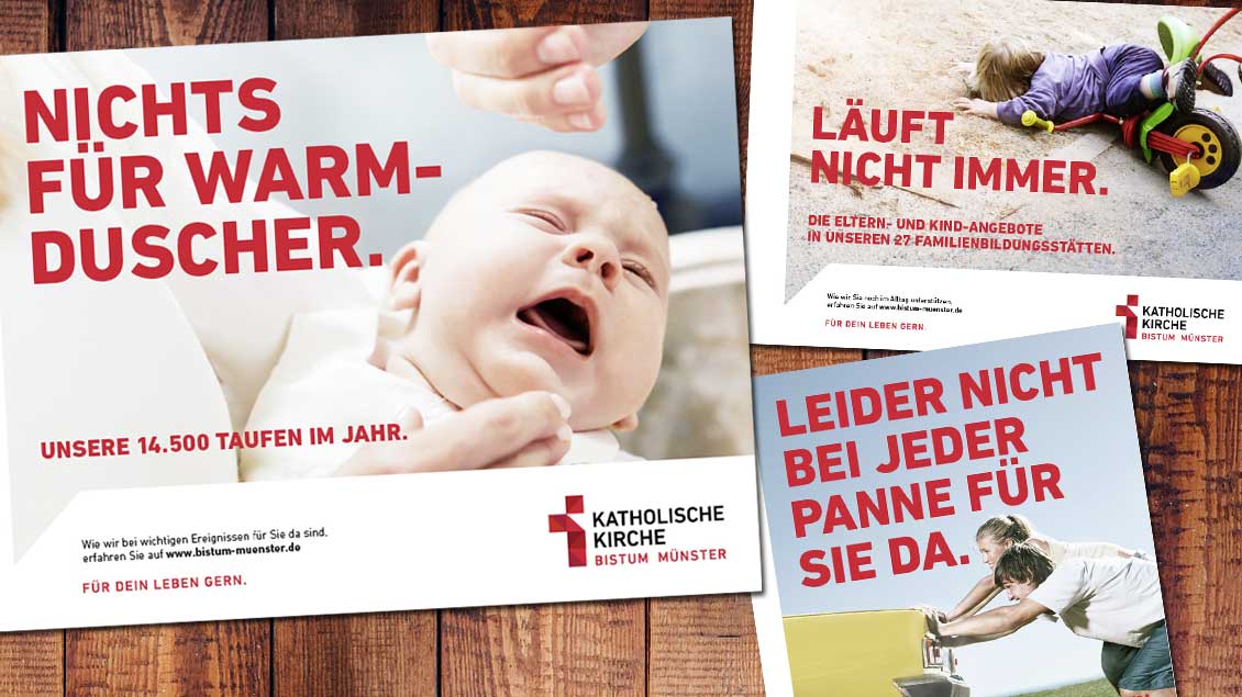 Mit humorig gedachten Plakaten macht die neue Kampagne "Für dein Leben gern" auf Angebote des Bistums Münster aufmerksam. Dazu kommt ein neues Logo: ein in Rot gehaltenes Kreuz mit der Wortmarke "Katholische Kirche - Bistum Münster"
