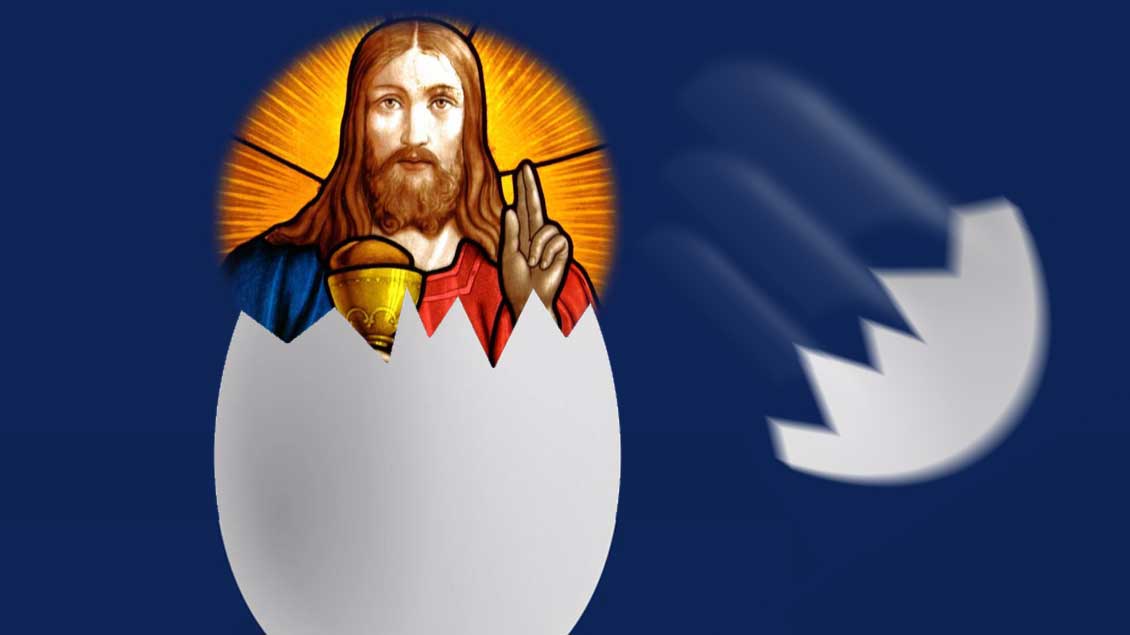 Ein Bild von Jesus kommt aus einem aufgebrochenen Ei heraus.
