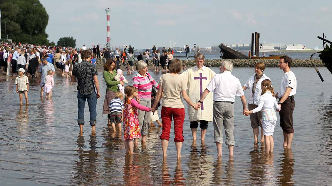 Eine Gruppe Menschen steht im Kreis im Wasser der Elbe und hält sich an den Händen.