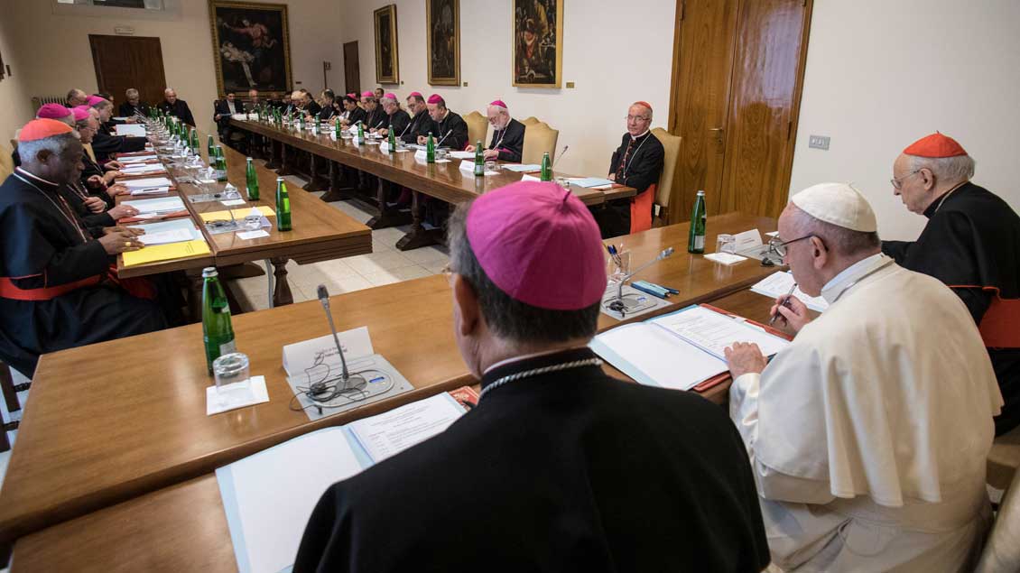 (Erz-)Bischöfe, Kardinäle und der Papst beim Vorbereitungstreffen zur Amazonas-Synode im April 2018. 