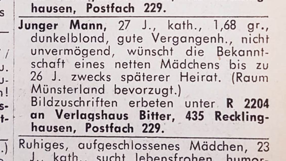 Die Kontaktanzeige von Reinhard Schneider in der "Kirche+Leben" im Jahr 1968.