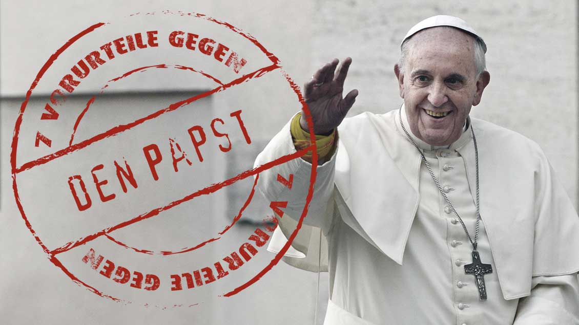 Papst Franziskus und Logo "Sieben Vorurteile"