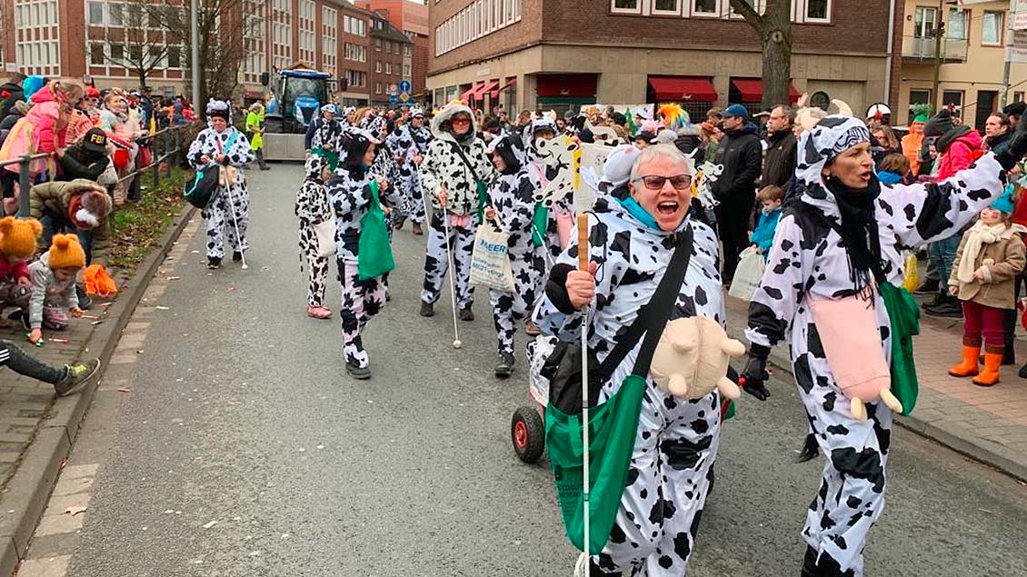 Die Fußgruppe "Blinde Kühe"läuft mit ihren Kostümen durch die Menschenmenge beim Rosenmontagszug in Münster.