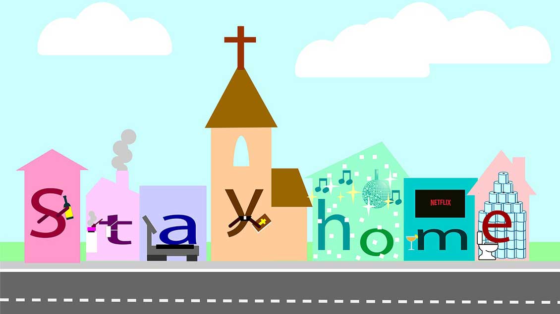Grafik mit Kirche und "Stay home"-Schrift
