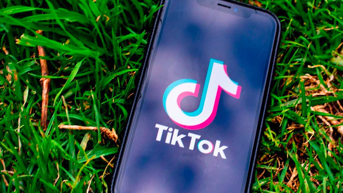 Smartphone mit TikTok-Startbildschirm im Gras.