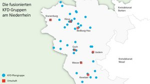 Karte: Diese KFD-Pfarrgruppen fusionieren am Niederrhein. | Grafik: Martin Schmitz