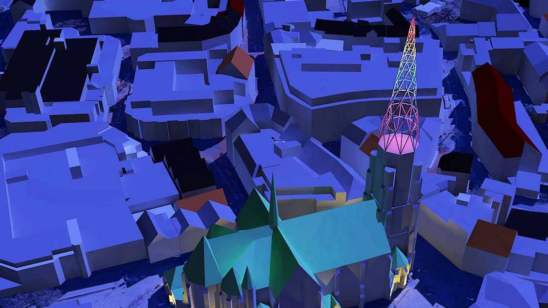 Animation der geplanten neuen Kirchturmspitze von St. Urbanus in Gelsenkirchen-Buer. Animation: Atelier Christan Nienhaus