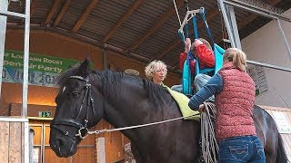 Eine Frau wird mit einem Kran auf ein schwarzes Pferd gehoben.