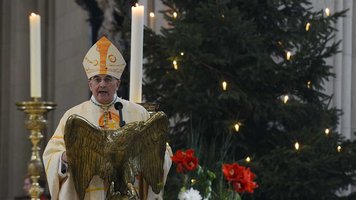Bischof Felix Genn im Dom in Münster vor einem Weihnachtsbaum