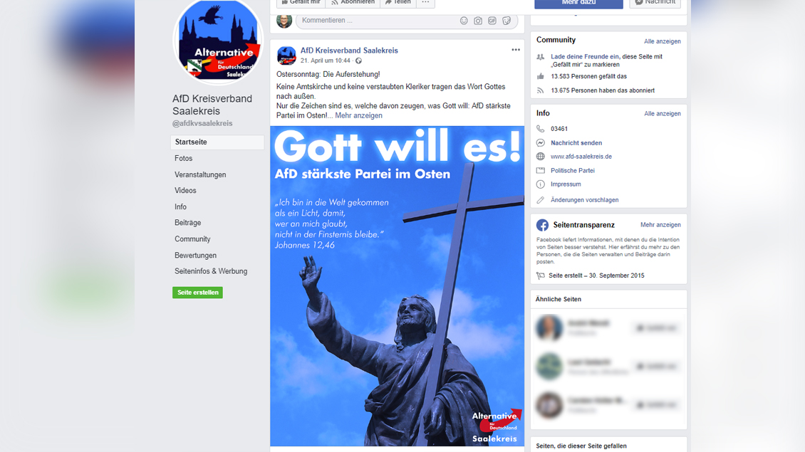 Screenshot der AfD Saalekreis mit dem Slogan "Gott will es"