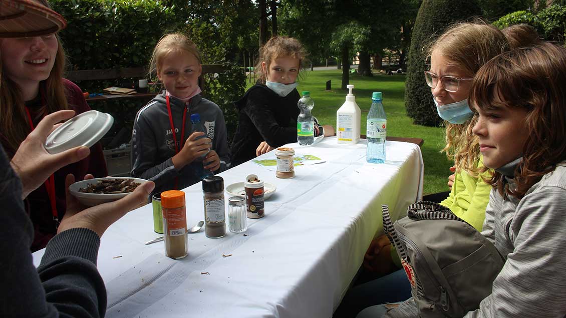 Gespannt blicken die Kinder der KjG Recke auf den letzten Teller des Drei-Gänge-Insektenmenüs. Auf dem Teller werden Wanderheuschrecken serviert. | Foto: pd