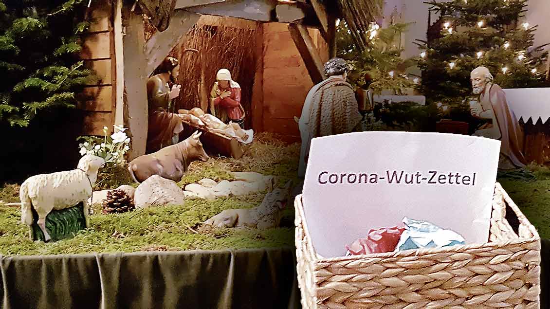 Krippe in Emstek mit dem Korb für die Corona-Wut-Zettel Foto: Hedwig Vorwerk