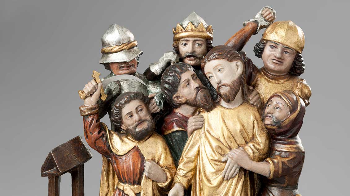 Darstellung aus dem 500 Jahre alten Altar: Jesu Gefangenahme auf Golgatha. | Foto: Museum Falkenhof