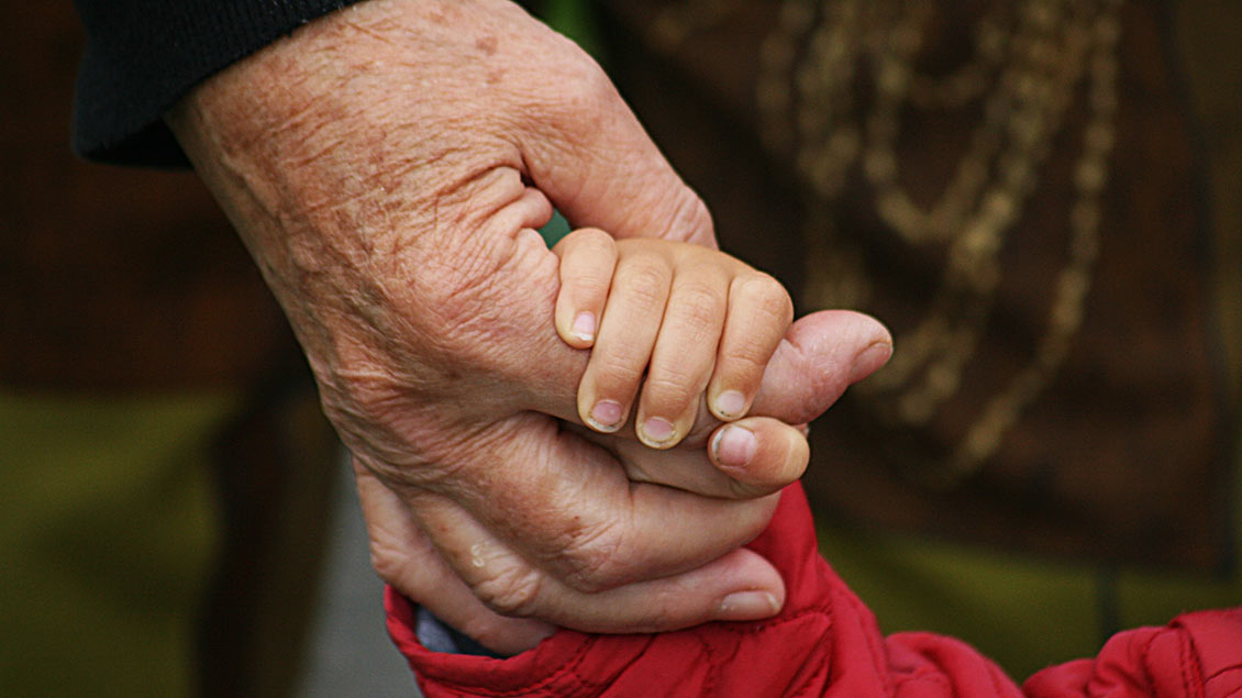 Alte Hand und Kinderhand: Nicht selten nehmen Großeltern ihre Enkel in Pflege, wenn die eigene Tochter für die Versorgung des Kindes nicht in der Lage ist. Foto: Angelina, pixelio