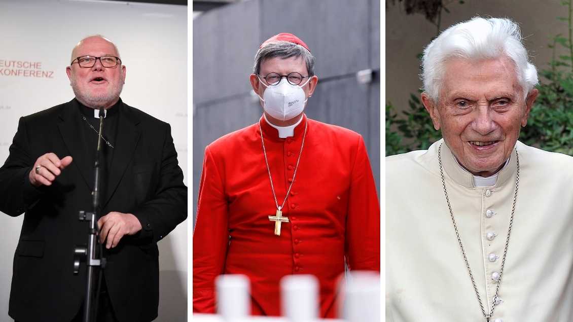 Kardinal Marx, Kardinal Woelki, Papst em. Benedikt XVI. Fotos: ULMER Pressebildagentur/ C. Hardt / Alessia Giuliani (alle imago)