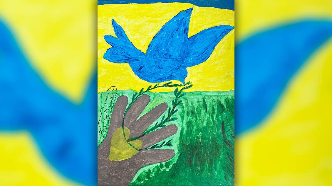 Friedensbild von Wilhelm Brocks (88) aus Emsdetten. Als Zeichen der Solidarität und als Hoffnung auf baldigen Frieden, ist das Bild in den Farben der Ukraine gestaltet und lässt symbolisch die Friedenstaube aus der Hand in den Himmel gleiten, um die Sehnsucht nach Frieden zu verkünden. | Foto: privat