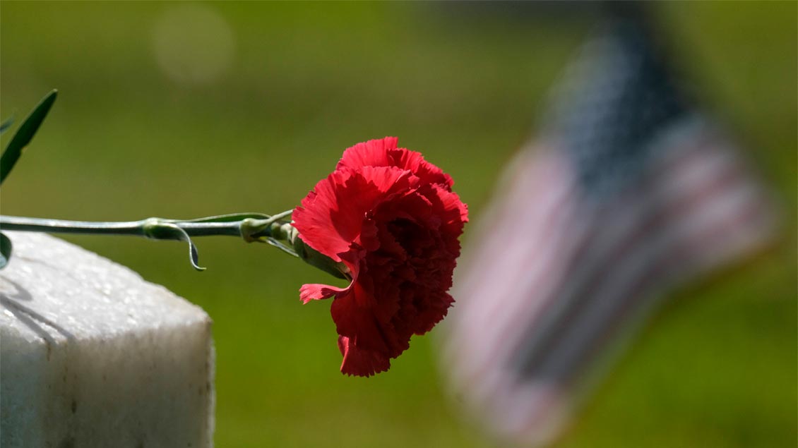 Eine rote Rose liegt auf einem Grabstein, im Hintergrund die US-Flagge. Foto: ZUMA Wire (Imago)