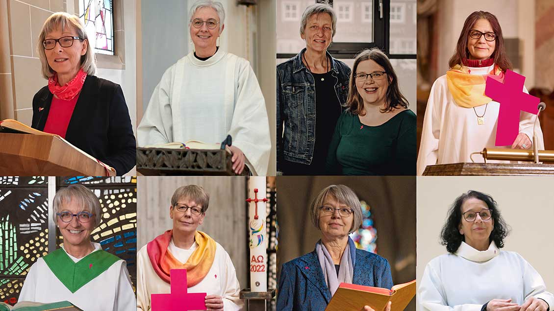 Porträts einiger Frauen mit Bibel und Kreuz in den Händen