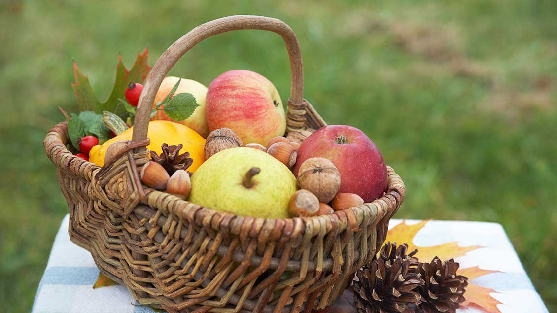 Erntedankfestkorb mit Äpfeln, Birne, Nüssen und Zierkürbis
