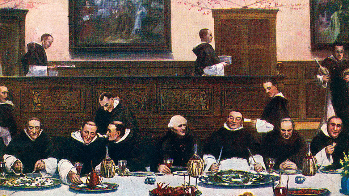 Gemälde "Friday" zeigt Fisch essende und Wein trinkende Mönche